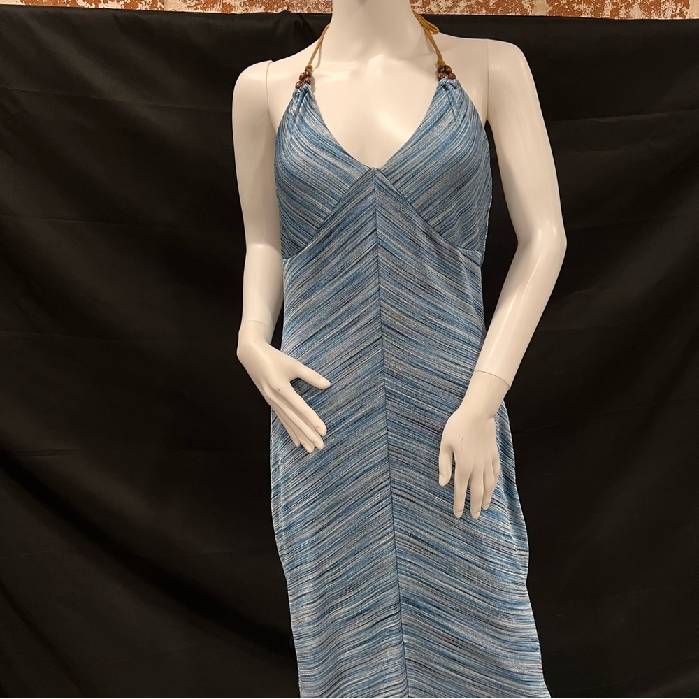 Vintage Mcbling y2k Guess Woven Blue Halter Dress with Wooden Beads